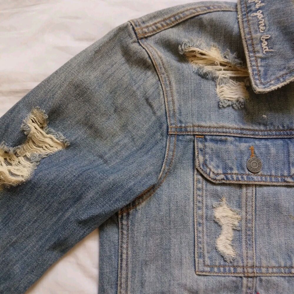 Hidden Embroidered Distressed Denim Jean Jacket Grunge Y2K Women's Size XS - Picture 9 of 16